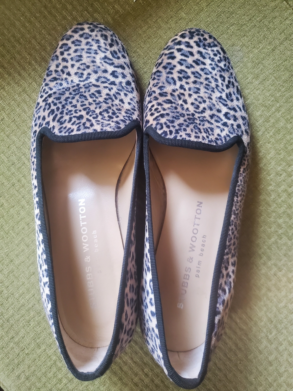 Stubbs & Wootton Velvet Leopard Print Slip-On Loafers- Black and Cream